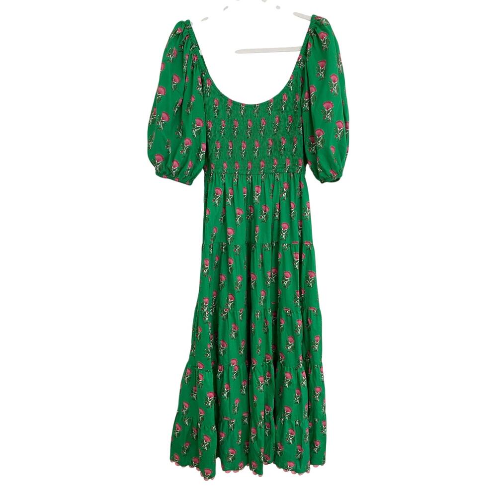 PINK CITY PRINTS Tuckernuck Parakeet Blossom Angelina Midi Smocked Dress Green M - Picture 3 of 9